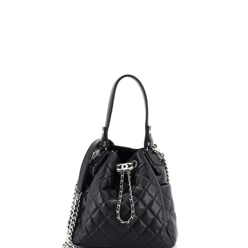 Chanel CC Chain Drawstring Bucket Bag Quilted Caviar Mini