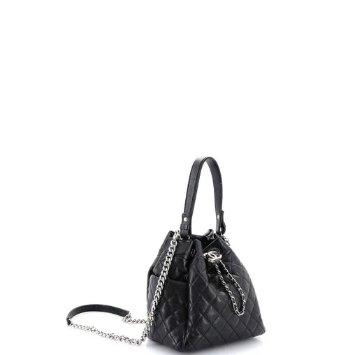 Chanel CC Chain Drawstring Bucket Bag Quilted Caviar Mini