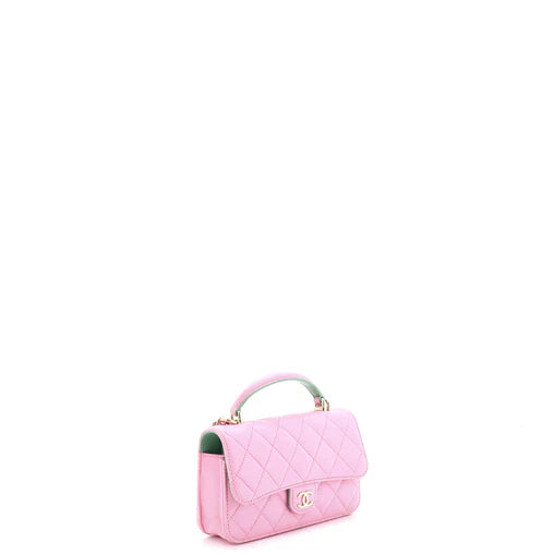 Chanel Classic Top Handle Flap Phone Holder with Chain Quilted Lambskin