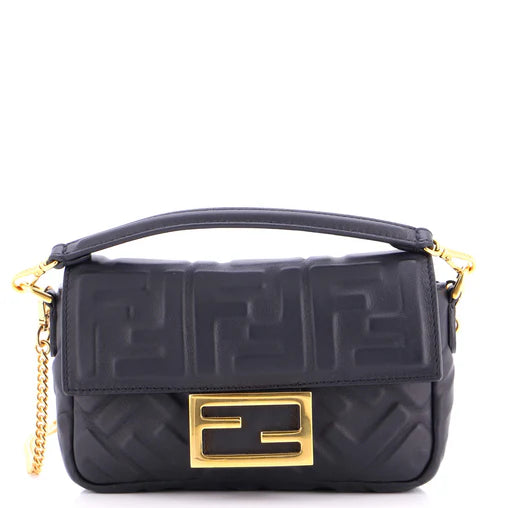 Fendi Midi Baguette Chain Bag Zucca Embossed Leather Small