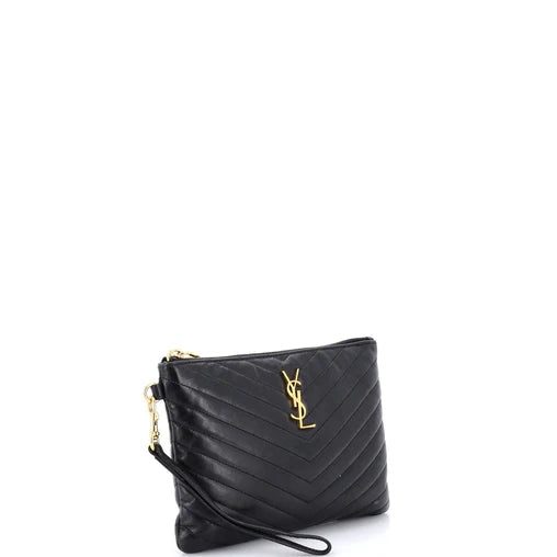 Saint Laurent Classic Monogram Wristlet Pouch Matelasse Chevron Leather Small