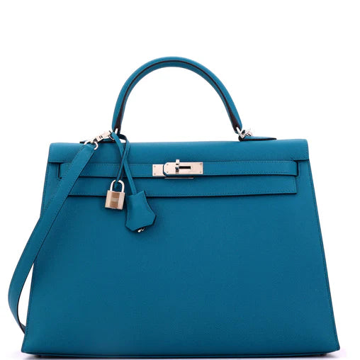 Hermes Kelly Handbag Bleu Izmir Epsom with Palladium Hardware 35