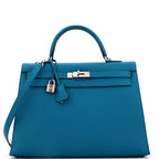 Hermes Kelly Handbag Bleu Izmir Epsom with Palladium Hardware 35