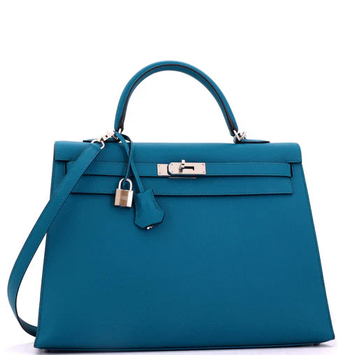 Hermes Kelly Handbag Bleu Izmir Epsom with Palladium Hardware 35
