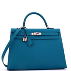 Hermes Kelly Handbag Bleu Izmir Epsom with Palladium Hardware 35
