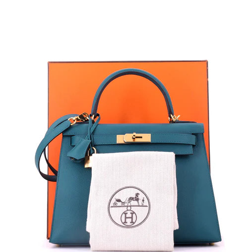 Hermes Kelly Handbag Vert Bosphore Epsom with Gold Hardware 28