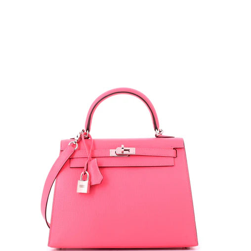 Hermes Kelly Handbag Rose Azalée Chevre Mysore with Palladium Hardware 25