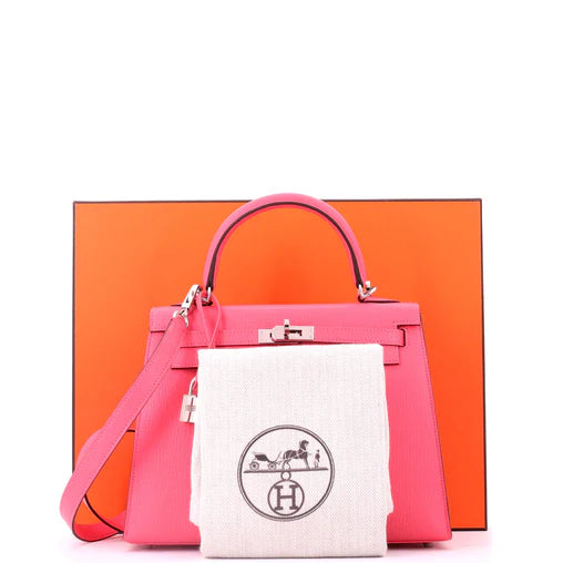 Hermes Kelly Handbag Rose Azalée Chevre Mysore with Palladium Hardware 25