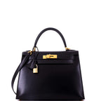Hermes Kelly Handbag Noir Box Calf with Gold Hardware 28