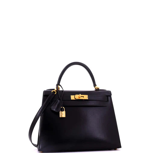 Hermes Kelly Handbag Noir Box Calf with Gold Hardware 28