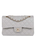 Chanel small classic double flap grey caviar light gold hardware