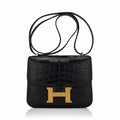 Hermes mini constance 18 bag black matte alligator with gold hardware and mirror
